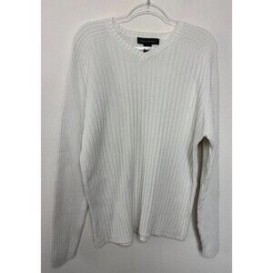 Banana Republic XL Knit Sweater White Cotton Ribbed V-neck Long Sleeve Pullover